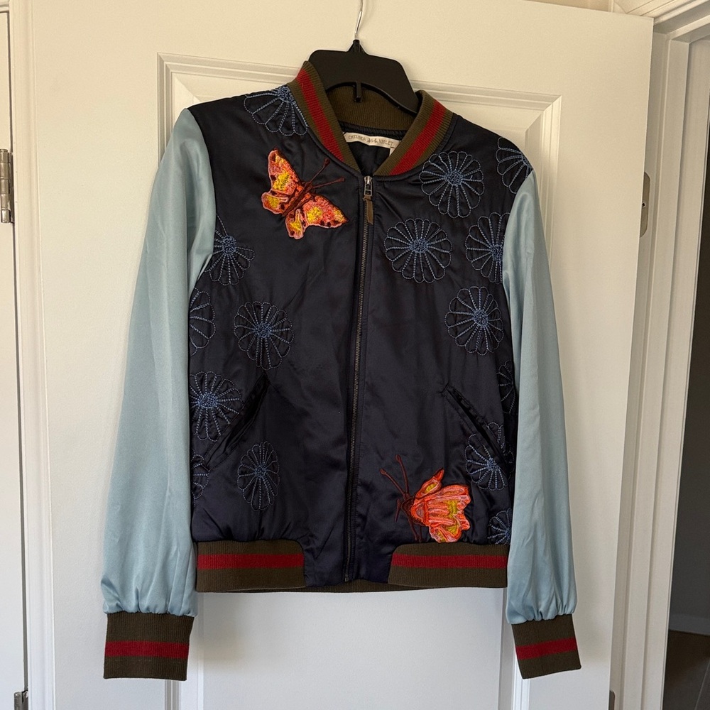 Chelsea & Violet Navy and Light Blue Butterfly Embroidered Bomber Jacket